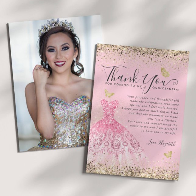 Elegant Blush Pink Gold Glitter Quinceanera Photo Thank You Card (Creator Uploaded)