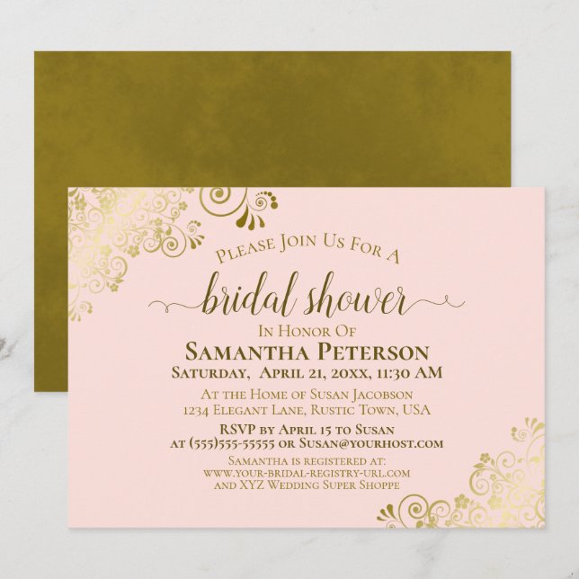Elegant Blush Pink & Gold Lace Bridal Shower Invitation (Front/Back)