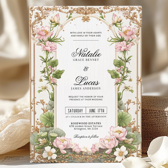 Elegant Blush Pink Gold Lotus Flower Wedding  Invitation (Creator Uploaded)