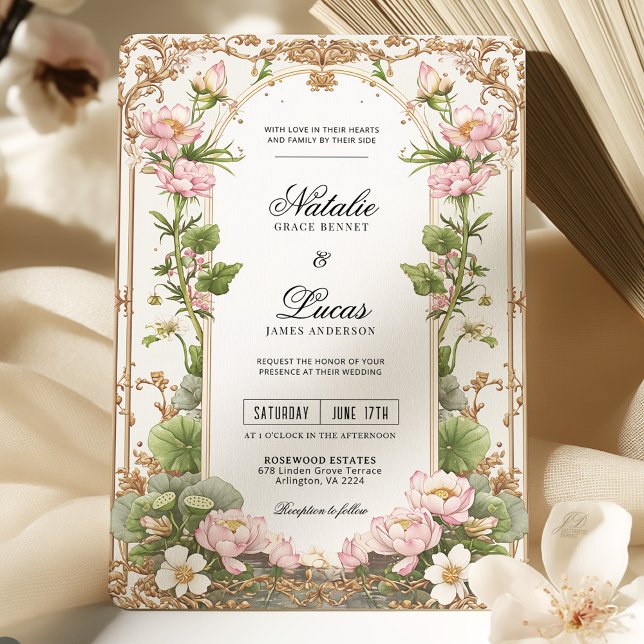 Elegant Blush Pink Gold Lotus Flower Wedding  Invitation (Creator Uploaded)