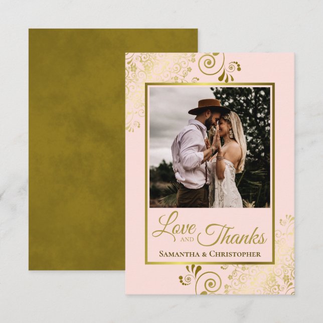Elegant Blush Pink & Gold Love & Thanks Wedding Thank You Card (Front/Back)