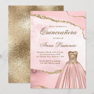 Elegant Blush Pink Gold Marble Agate Quinceanera Invitation