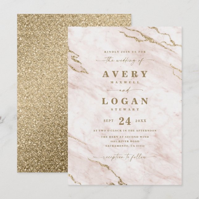 Elegant Blush Pink & Gold Marble & Glitter Wedding Invitation (Front/Back)