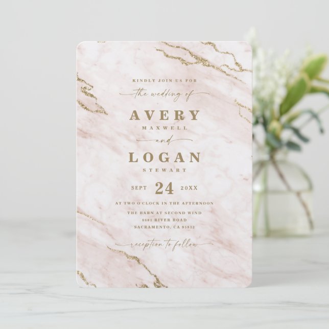 Elegant Blush Pink & Gold Metallic Marble Wedding Invitation (Standing Front)