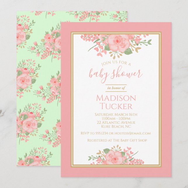 Elegant Blush Pink Gold Mint Floral Baby Shower Invitation (Front/Back)