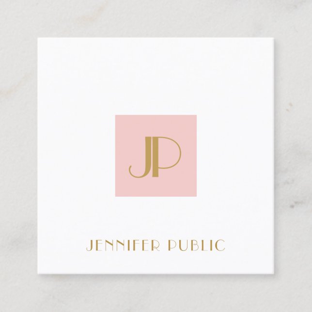 Elegant Blush Pink Gold Monogram Modern Template Square Business Card (Front)