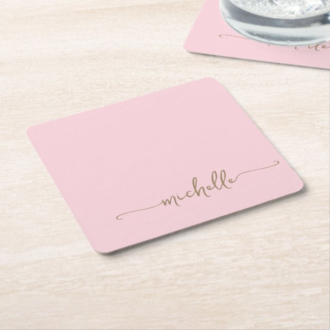 Elegant Blush Pink Gold Monogram Name Script Square Paper Coaster (Angled)