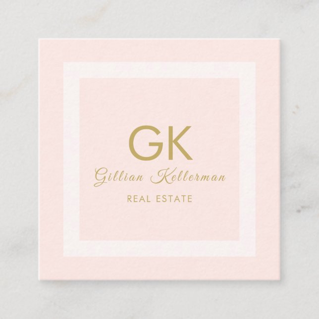 Elegant Blush Pink Gold Monogram Square Business Card (Front)