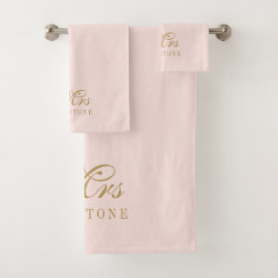 Elegant Blush Pink Gold Mrs Name  Bath Towel Set