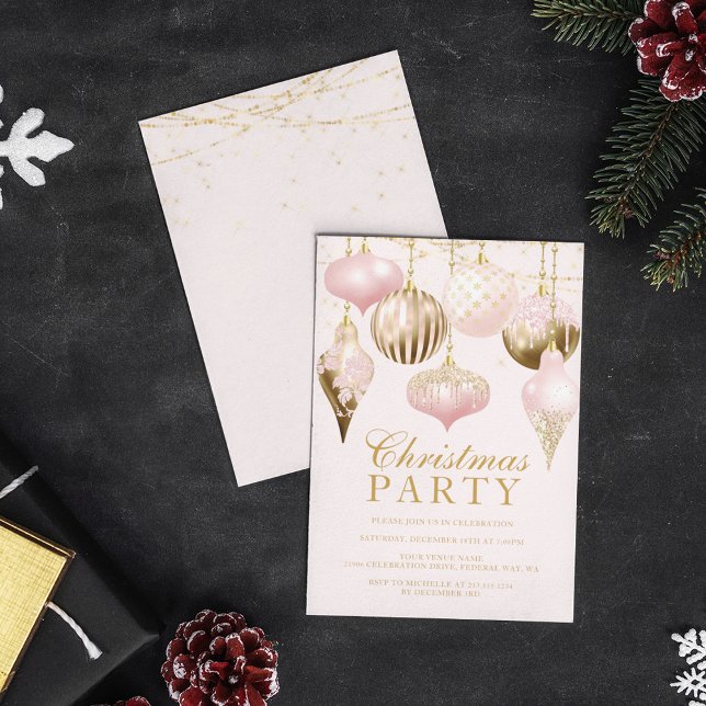 Elegant Blush Pink Gold Ornaments Christmas Party Invitation (Pink and Gold Ornament Christmas Party Invitation)