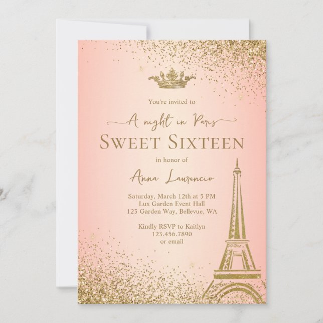 Elegant Blush Pink Gold Paris Night Theme Sweet 16 Invitation (Front)