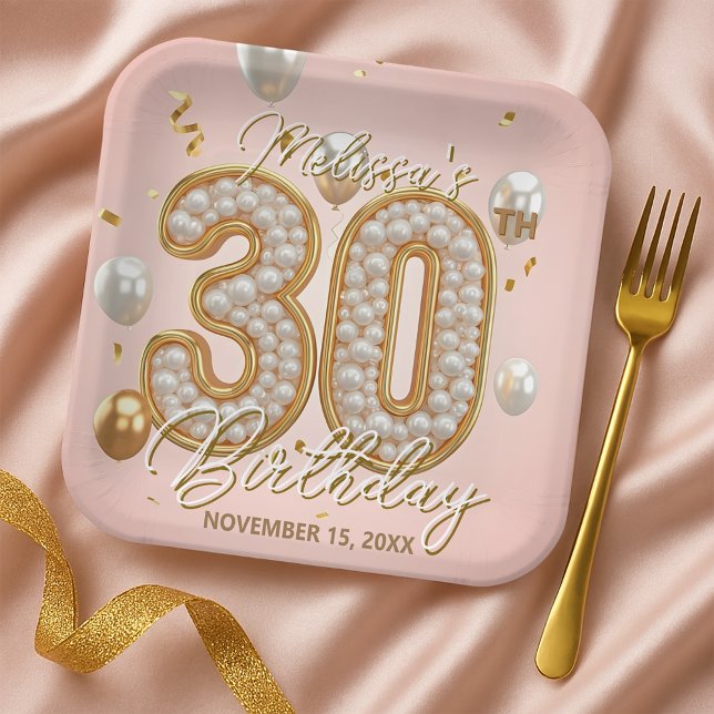 Elegant Blush Pink Gold Pearl Mosaic 30th Birthday Paper Plate (Creator Uploaded)