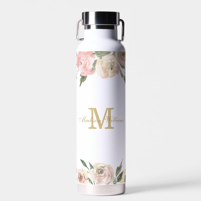 Elegant Blush Pink Gold Peony Floral Personalised Water Bottle (Front)