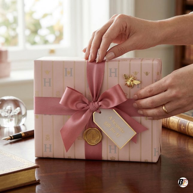 Elegant Blush Pink & Gold Pinstripe Initial H Mono Wrapping Paper (Creator Uploaded)