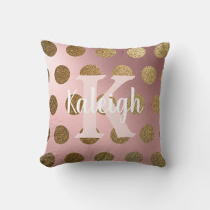 Elegant Blush Pink Gold Polka Dot Monogram Name Cushion