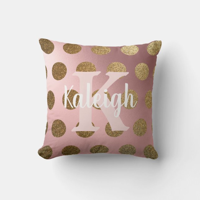 Elegant  Blush Pink Gold Polka Dot Monogram Name Cushion (Front)