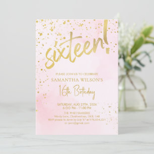 Elegant Blush Pink & Gold Sixteen Birthday Invitation