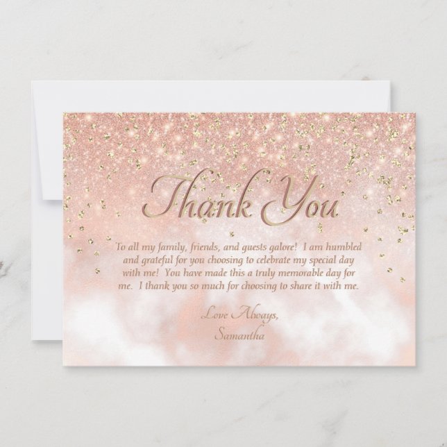 Elegant Blush Pink Gold Sparkle Script Typography Thank You Card (Front)