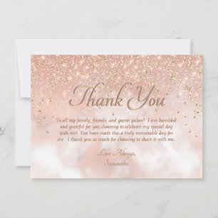 Elegant Blush Pink Gold Sparkle Script Typography Thank You Card