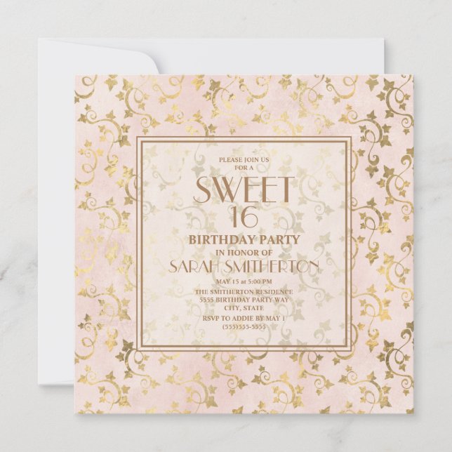 Elegant Blush Pink Gold Sweet 16 Invitation (Front)