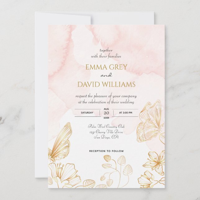 Elegant blush pink Gold Watercolor Wedding Invitation (Front)