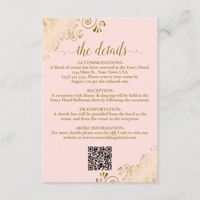 Elegant Blush Pink & Gold Wedding QR Code Details Enclosure Card (Front)