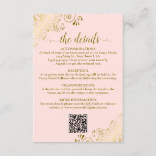 Elegant Blush Pink & Gold Wedding QR Code Details Enclosure Card