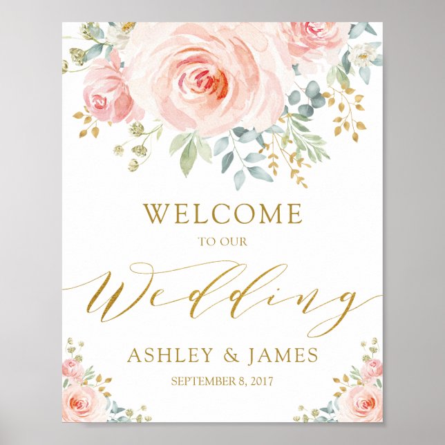 Elegant Blush Pink Gold Wedding Welcome Poster (Front)