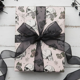 Elegant Blush Pink Gothic Skulls Halloween Wrapping Paper