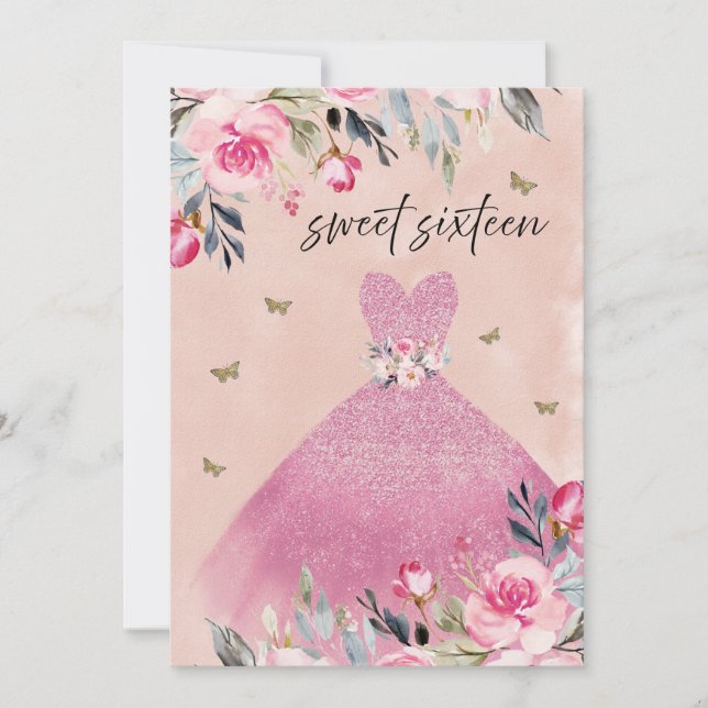 Elegant Blush Pink Gown Dress Floral Sweet 16 Invitation (Front)