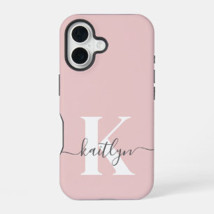 Elegant Blush Pink Gray Script Monogram iPhone 16 Case