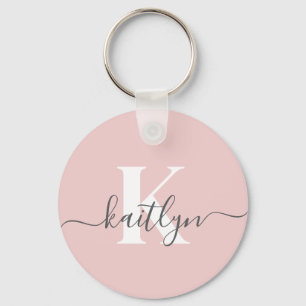 Elegant Blush Pink Gray Script Monogram Key Ring