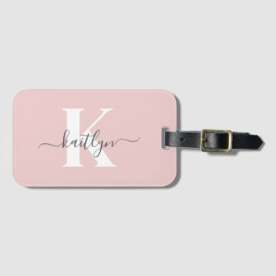 Elegant Blush Pink Gray Script Monogram Luggage Tag