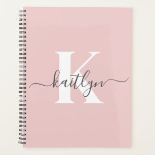 Elegant Blush Pink Gray Script Monogram Planner