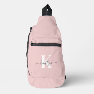 Elegant Blush Pink Gray Script Monogram Sling Bag