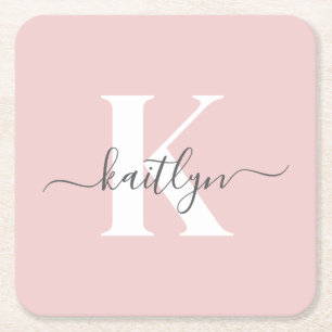 Elegant Blush Pink Gray Script Monogram Square Paper Coaster