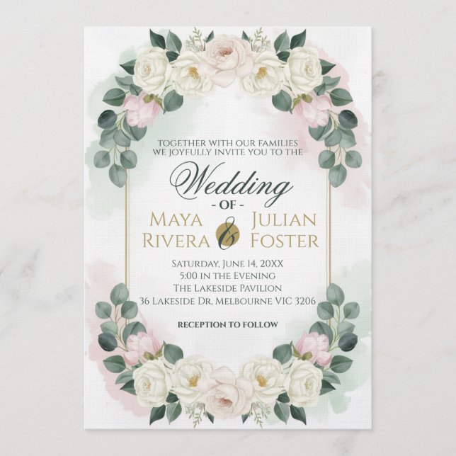 Elegant Blush Pink & Green Floral Wedding Invitati Invitation (Front)