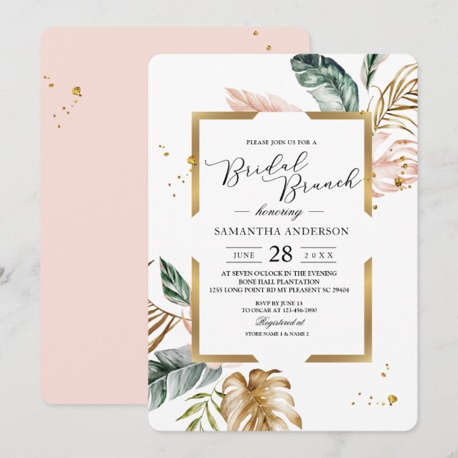 Elegant Blush Pink Green Gold Leaves | Gold Drops  Invitation (Front/Back)