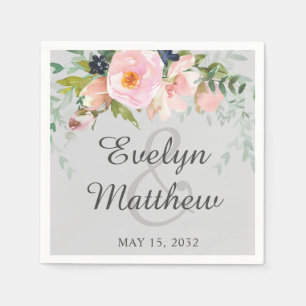Elegant Blush Pink & Grey Floral Bouquet Wedding N Napkin