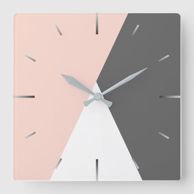 Elegant blush pink & grey geometric triangles square wall clock (Front)