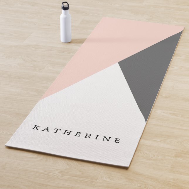 Elegant blush pink & grey geometric triangles yoga mat (In Situ)