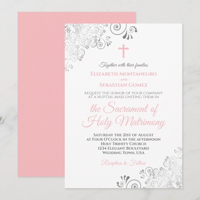 Elegant Blush Pink & Grey Modern Catholic Wedding Invitation (Front/Back)