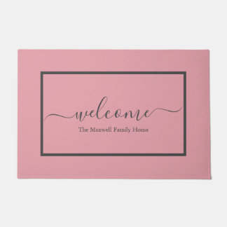 Elegant blush pink grey script family name welcome doormat