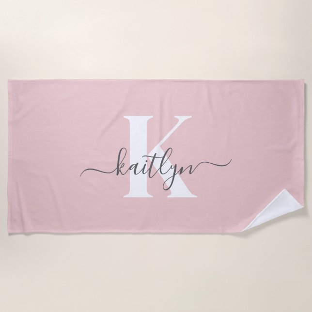 Elegant Blush Pink Grey Script Monogram Beach Towel (Front)