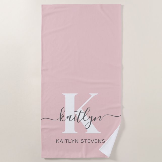 Elegant Blush Pink Grey Script Monogram Beach Towel (Front)