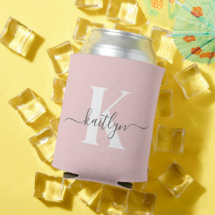 Elegant Blush Pink Grey Script Monogram Can Cooler