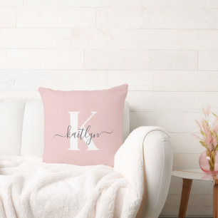 Elegant Blush Pink Grey Script Monogram Cushion