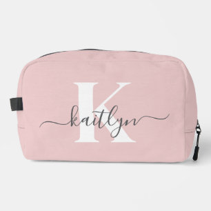 Elegant Blush Pink Grey Script Monogram Dopp Kit