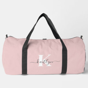 Elegant Blush Pink Grey Script Monogram Duffle Bag