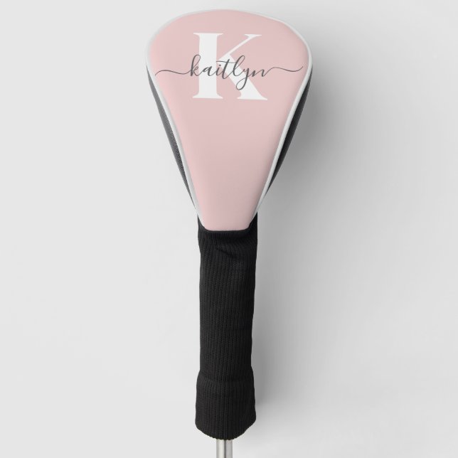 Elegant Blush Pink Grey Script Monogram Golf Head Cover (Front)